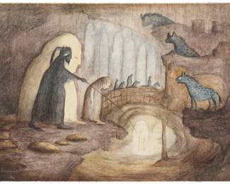 12
Leonora Carrington
1917-2011, British-Mexican
"Drue," 1992
Lithograph in colors on Arches paper
Edition: 2/75
Signed and numbered in white pencil lower left: Leonora Carrington; De Soto Workshop, San Francisco, prntr./pub. and with their blindstamp lower right; inscribed, partially illegibly, "Ed. # *101" in pencil at the verso of the lower right sheet corner
Image/Sheet: 22.375" H x 30" W
Estimate: $1,000 - $1,500