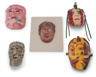 336
Early 20th century
A group of Mexican dance masks
One dated to mounted Peso: 1923
The painted carved wood masks, comprising a viejito old man mask with mounted child figure, a watermelon man mask with shell inlay accents, a two-faced mask mounted with a figure eating watermelon, a female mask with inset Peso coin, mounted to a cloth and wood backing, and a bearded man mask mounted with milagros
5 pieces
Largest: 12.25" H x 10.5" W x 5.75" D; Smallest: 8.5" H x 7" W x 3.5" D
Estimate: $500 - $700