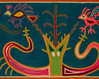 189
Mid/late 20th century, Huichol people; Mexico
A Huichol yarn painting
In polychrome yarn, depicting a spirit figure centering two birds and a tree on a blue ground
Sight: 24" H x 42" W
Estimate: $400 - $600