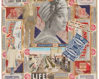 159
Felipe Jesus Consalvos
1891-1960, Cuban-American
"Ladies Room Talk"
Collage and mixed media on paper
Unsigned; titled from a gallery label affixed to the frame's backing paper
Sight: 15.75" H x 12" W
Estimate: $2,000 - $3,000