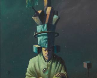 102
Fernando Garrido
b. 1955, Mexican
Seated figure with an open box, 1976
Oil on canvasboard
Signed and dated lower right: F Garrido 76
12" H x 8" W
Estimate: $700 - $900