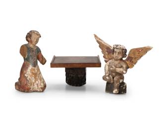 243
Late 19th/early 20th century
Two Latin American santos bultos figures
The polychrome carved wood religious figures, comprising one angle figure and another figure depicted kneeling, set on a carved wood wall-mounted shelf
3 pieces
Angel: 12" H x 13.25" W x 4.25" D; Knelt: 12.5" H x 5.5" W x 5.75" D; Shelf: 6.5" H x 12.25" W x 8.5" D
Estimate: $300 - $500