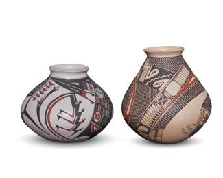 181
Two Mata Ortiz polychrome pottery jars
Late 20th/early 21st century; Chihuahua, Mexico
Two works:
Leonel Quezada (b. 20th century)
Incised to underside: Leonel Quezada
The three-color jar with red and black feather and geometric motifs on a white slip ground
8.625" H x 7.375" Dia.
Gerardo Cota Guillen (b. 20th century)
Incised to underside: Gerardo Cota G
The three-color jar with red and black fine-line and geometric motifs on a white slip ground
6.625" H x 8.625" Dia.
2 pieces
Estimate: $400 - $600