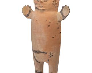 95
14th Century; Peru
A Pre-Columbian Chancay chuchimilco pottery figure
The terracotta ceramic figure of a moon goddess, with black and white painted accents, banded motifs to face, and incised facial features
24" H x 12.25" W x 5.25" D
Estimate: $400 - $600