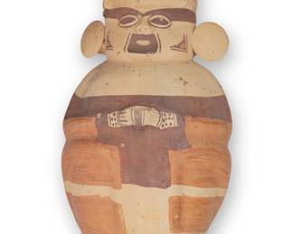 94
14th Century; Peru
A Pre-Columbian Chancay chuchimilco figural urn
The polychrome ceramic effigy vessel depicting a seated figure with elaborate headdress and incised and slip-painted accents
18.25" H x 10.25" Dia. approximately
Estimate: $500 - $700