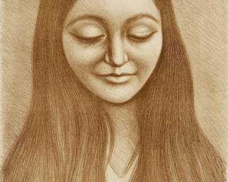 204
Raúl Anguiano
1915-2006, Mexican
"Sonrisa Maya," 1967
Lithograph in brown on paper
Edition: 18/60
Signed, dated, and inscribed upper right: R. Anguiano / Paris, 1967; initialed and inscribed in pencil upper right: R.A. / "a la familia Rosenbaum"; numbered in pencil in the lower edge, at center; titled by repute
Sight: 29.5" H x 21.5" W
Estimate: $300 - $500