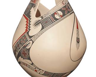248
Damian E. Quezada (b. 20th century)
A Mata Ortiz polychrome pottery jar, late 20th/early 21st century; Chihuahua, Mexico
Incised to underside: Damian E Quezada
The three-colored jar with stylized rim, featuring red and black swirling bands of fine-line geometric motifs on a white slip ground
14" H x 11.25" Dia.
Estimate: $300 - $500