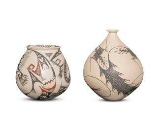 198
Two Mata Ortiz pottery jars
Late 20th/early 21st century; Chihuahua, Mexico
Two works:
Manuel Rodriguez Guillen (b. 1972)
A polychrome pottery jar
Incised to underside: Manuel Rodriguez Guillen
The three-color jar with red and black banded feather and geometric motifs and depictions of lizards, a snake, and an eagle, on a white slip ground
6.75" H x 7" Dia.
Mauro Quezada (b. 20th century)
A globular pottery vase
Incised to underside: Mauro C. Quezada
The wide-body vase with narrow flared spout, featuring black geometric motifs on a white slip ground
9" H x 7.625" Dia.
2 pieces
Estimate: $500 - $700