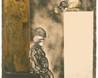 40
José Luis Cuevas
1934-2017, Mexican
"Tower of Babel," 1972
Lithograph in colors with gold foil collage on wove paper
Edition: 24/150
Signed, dated, and numbered in white pencil in the lower right and left corners of the image, respectively: Cuevas 72
Image/Sheet: 30" H x 22.5" W
Estimate: $500 - $700