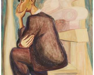 18
Mario Orozco Rivera
1930-1998, Mexican
Pensador, 1957
Watercolor on paperboard
Signed and dated lower right: Orozco Rivera 1957; dated again and titled in ink, in another hand, on a gallery label affixed verso
20" H x 15" W
Estimate: $600 - $800