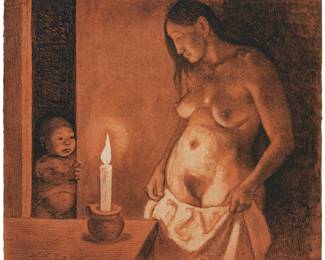 193
Francisco Zúñiga
1912-1998, Mexican
"El Niño y la Vela," 1979/1980
Lithograph in colors on handmade Twin Rocker paper
Edition: 27/125 (there were also 12 artist's proofs)
Signed, dated, and numbered in pencil lower left: Zga 1979
Kryon, S.A., Mexico City, prntr., and with their blindstamp lower right; Brewster Editions, New York, pub.; with a pencil inscription and an ink stamp at the verso of the lower left sheet corner: RM 138X / FZ-159-125
Image/Sheet: 19.25" H x 23.375" W
Estimate: $600 - $800