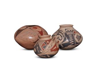 353
Three Mata Ortiz polychrome pottery vessels
Late 20th/early 21st century; Chihuahua, Mexico
Three works:
Noe Quezada (b. 20th century)
Incised to underside: Noe Quezada
The three-color olla jar with red and black geometric motifs on a marbled white slip ground
7.375" H x 9.625" Dia.
Reynaldo Quezada (b. 20th century)
Incised signature and date to underside: Reynaldo Quezada / 10/21/87
The three-color seed pot with red and black fine-line motifs on a marbled terra cotta ground
7.875" H x 0.625" Dia.
Lydia Quezada Celado (b. 20th century)
Incised to underside: Lydia Quezada C.
The three-color olla jar with red and black fine-line and geometric motifs on a tan slip ground
5.75" H x 6.5" Dia.
3 pieces
Estimate: $600 - $800