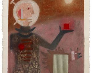 169
Teódulo Rómulo
b. 1943, Mexican
"Astronauta con Pollo," 1986
Mixografia in colors on thick handmade paper
Edition: 86/100 (there were also 10 artist's proofs)
Signed in white crayon and numbered in pencil in the lower plate edge: Teódulo Rómulo; Mixografia Workshop, Los Angeles, CA, prntr.
Plate: 34" H x 27" W; Sheet: 38" H x 31" W
Estimate: $400 - $600