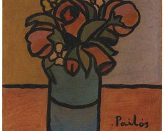 56
Manuel Pailós
1918-2005, Uruguayan
Still life of flowers
Gouache and mixed media on Masonite
Signed lower right: .Pailós; signed again and inscribed verso: "H. Abadie Santos / 940-AP 202"
10" H x 10" W
Estimate: $1,000 - $1,500