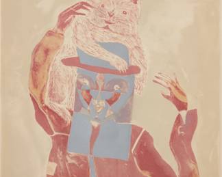 28
Francisco Toledo
1940-2019, Mexican
"Hombre Y Gatos"
Lithograph in colors on wove paper
From the edition of unknown size
Signed and indistinctly inscribed in pencil in the lower right and left corners of the image, respectively: Toledo
Image: 19.75" H x 14.625" W; Sight: 20" H x 15.125" W
Estimate: $700 - $900