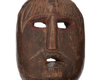 93
20th century; Sololá, Guatemala
A Guatemalan carved wood Xin mask
Used in the Patzcar dance, a ritual combining lessons concerning the moral codes of courtship and a satirical take on Spanish colonialism
7.25" H x 5.75" W x 3.875" D
Estimate: $100 - $200