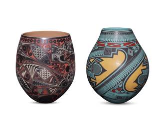250
Two Mata Ortiz polychrome pottery jars
Late 20th/early 21st century; Chihuahua, Mexico
Two works:
Jorge Quintana (b. 20th century)
Signed to underside: Jorge Quintana R.
The four-color jar with red, yellow, and black insect and geometric motifs on a turquoise slip ground
10.75" H x 8.5" Dia.
Eli Navarrete Ortiz (b. 1972)
Incised to underside: Eli Navarette Ortiz
The three-color jar with red and white fish and lizard motifs on a gunmetal black ground, the interior painted with white slip
9.75" H x 7.875" Dia.
2 pieces
Estimate: $700 - $900