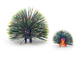 307
Late 20th/early 21st century; Oaxaca, Mexico
Two Mexican alebrijes porcupine figures
Smaller singed and inscribed to underside: Josue Ortocha / Tilcajete / Oax. / Mex.
Each vibrantly painted folk art porcupine figure mounted with sharpened quills
2 pieces
Larger: 12.75" H x 19" W x 21" D; Smaller: 5.5" H x 7.5" W x 7" D
Estimate: $300 - $500