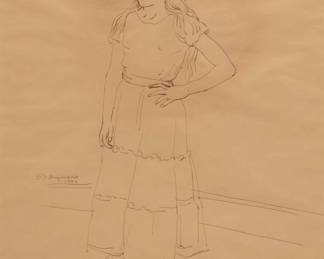 264
Raúl Anguiano
1915-2006, Mexican
Young girl in a dress, 1946
Brown ink on cream-colored paper
Signed and dated in brown ink near the center of the left edge: R. Anguiano / 1946
Sight: 21" H x 17.5" W
Estimate: $400 - $600