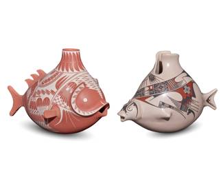 55
Two Mata Ortiz fish effigy pottery vessels
Late 20th/early 21st century; Chihuahua, Mexico
Two works:
Adrian Rojas (b. 20th century)
A fish-form vessel
Incised to underside: Adrian Rojas
The fish with incised details to fins, featuring matte white geometric and fine-line motifs on a matte terra cotta slip ground
8.875" H x 13.25" W x 9.25" D
Lydia Quezada Celado (b. 20th century)
A polychrome vessel
Incised to underside: Lydia Quezada
The three-color vessel with stylized rim and red and black painted geometric motifs on a white slip ground
8.25" H x 12.5" W x 6.25" D
2 pieces
Estimate: $400 - $600