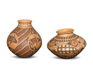 362
Two Mata Ortiz pottery vessels
Late 20th/early 21st century; Chihuahua, Mexico
Two works:
Beto Soto (b. 20th century)
A polychrome low pottery jar
Incised to underside: Beto Soto
The four-color jar with red, black, and white banded feather motif to neck above fish figures and geometric motifs over a tan slip glaze
8" H x 10" Dia.
Israel Sandoval (b. 20th century)
A polychrome bulbous pottery jar
Incised to underside: Israel Sandoval
The four-color jar with red, black, and white fish figures and checkered motifs over a tan slip glaze
10.5" H x 9.25" Dia.
2 pieces
Estimate: $200 - $400