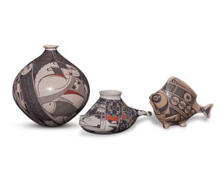 315
Three Mata Ortiz polychrome pottery vessels
Late 20th/early 21st century; Chihuahua, Mexico
Three works:
Noe Quezada (b. 20th century)
Two effigy vessels
Each incised: Noe Quezada
Comprising a fish-form vessel with black geometric motifs on a tan slip ground, and a frog-form vessel with red and black geometric motifs on a white slip ground
2 pieces
Fish: 5.25" H x 6.875" W x 2.125" D; Frog: 4.125" H x 10.125" W x 4.25" D
Mauro Quezada (b. 20th century)
A globular pottery jar
Incised to underside: Mauro C. Quezada
The three-color jar with narrow flared spout and red and black depictions of fish and geometric motifs on a white slip ground
8" H x 7.5" Dia.
3 pieces total
Estimate: $500 - $700