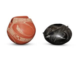 300
Two Mata Ortiz pottery jars
Late 20th/early 21st century; Chihuahua, Mexico
Two works:
Reynaldo Quezada (b. 20th century)
A blackware fish effigy seed pot
Incised to underside: Reynaldo Quezada L.
The pot with incised facial features and fin protrusions, featuring black stepped and geometric motifs on a buff black ground
6.5" H x 9.75" W x 11.375" D
Damian E. Quezada (b. 20th century)
A shaped rim pottery jar
Incised to underside: Damian E. Quezada
The jar with stylized rim and matte white fine-line geometric motifs on a matte terra cotta slip ground
9.75" H x 9.5" Dia.
2 pieces
Estimate: $300 - $500