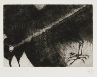 34
Francisco Toledo
1940-2019, Mexican
One plate from "Trece Maneras de Mirar un Mirlo," 1981
Etching with roulette on wove paper
Edition: 16/25 (there were also six artist's proofs)
Signed and numbered in pencil in the lower margin, below the platemark: Toledo
Plate: 5.5" H x 7.75" W; Sheet: 15" H x 11" W
Estimate: $500 - $700