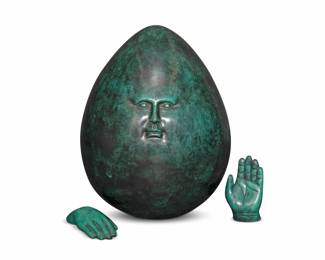 116
Sergio Bustamante
b. 1949, Mexican
Egg face and hands
Patinated bronze on acrylic plinth
Edition: 71/100
Signed and numbered to side: Sergio Bustamante ©
3 pieces
Egg: 9.5" H x 7" Dia.; Plinth: 34.5" H x 18.5" W x 14" D
Estimate: $500 - $700