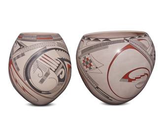 322
Nicolas Quezada (b. 20th century)
Two Mata Ortiz polychrome pottery jars, late 20th/early 21st century; Chihuahua, Mexico
Each incised to underside: Nicolas Quezada
The three-color jars, each with red and black swirling geometric motifs on a white slip ground
2 pieces
Taller: 9.5" H x 8.625" Dia.; Shorter: 9.25" H x 10.5" Dia.
Estimate: $600 - $900