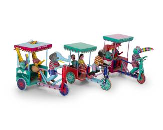 310
Late 20th/early 21st century; Oaxaca, Mexico
Three Martín Melchor Ángeles alebrijes pedicab figures
Each signed and marked: Martin Melchor Angeles / San Martín Tilcajete / Oaxaca / Mexico; two with applied sticker: Hecho en Mexico
The vibrantly painted folk art figures carved from copal wood, comprising three pedicab vignettes with articulated wheels, each depicting various figures including a jaguar, three elephants, two giraffes, a tropical bird, and two human figures
3 pieces
Largest: 10.75" H x 14.25" W x 7.375" D
Estimate: $200 - $400