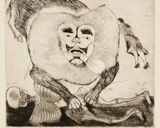 35
Francisco Toledo
1940-2019, Mexican
"Nee Laze (The One with Slender Feet (Death))," 1967
Etching on wove paper
Edition: 2/25
Signed and numbered in pencil in the lower margin, below the platemark: Toledo
Plate: 6" H x 7" W; Sheet: 10" H x 13" W
Estimate: $500 - $700