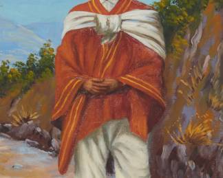 205
José María Jara
1867-1939, Mexican
Portrait of a Mexican peasant
Oil on unstretched canvas
Signed and indistinctly inscribed lower right: J. Jara [Calóns]
9.25" H x 6" W
Estimate: $1,000 - $1,500
