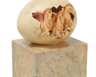 283
Sergio Bustamante
b. 1949, Mexican
Three horses emerging from an egg
Painted ceramic mounted on painted wood plinth
Signed to one side: Sergio Bustamante
Ceramic: 10" H x 13.5" W x 11.25" D; Plinth: 36" H x 12.125" W x 10.125" D
Estimate: $300 - $500