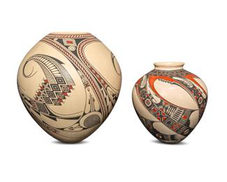 179
Two Mata Ortiz polychrome pottery jars
Late 20th/early 21st century; Chihuahua, Mexico
Two works:
Mireya Quezada (b. 20th century)
Incised to underside: Mireya Quezada / 13-12-99
The three-color jar with red and black swirling bands of geometric motifs on a white slip ground
8" H x 7.25" Dia.
Jorge Quintana (b. 20th century)
Incised to underside: Jorge Quintana
The three-color jar with red and black swirling bands of geometric motifs on a white slip ground
11" H x 10" Dia.
2 pieces
Estimate: $200 - $400