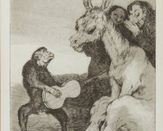 1
Francisco Goya
1746-1828, Spanish
"Brabisimo!," plate 38 from "Los Caprichos," circa 1799
Etching and aquatint in gray/brownish-black ink on sturdy off-white wove paper without watermark
Presumably from one of the later editions (at least 12 separate editions were printed between 1799 and 1937)
Unsigned as usual; with the title and plate number etched in the plate outside the image
Image: 7.5" H x 5.125" W; Plate: 8.125" H x 5.5" W; Sheet: 10.875" H x 7.5" W
Estimate: $300 - $500