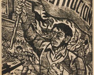 69
Jesús Álvarez Amaya
1925-2010, Mexican
"Constitucion"
Woodcut on paper
From the edition of unknown size
Signed and indistinctly inscribed in pencil in the lower margin, at right: Amaya
Image: 39.25" H x 27.5" W; Sight: 40.75" H x 28.75" W
Estimate: $500 - $700