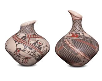 323
Hector Gallegos Jr. (b. 20th century)
Two Mata Ortiz polychrome pottery pitchers, late 20th/early 21st century; Chihuahua, Mexico
Each incised to underside: Hector Gallegos
The three-color jars with shaped spout rims, each with red and black decorations on white slip ground, comprising one with fine-line and snake motifs, and one with fish, avian, and banded geometric motifs
2 pieces
Snake: 10.25" H x 8.25" Dia.; Fish: 9" H x 8.375" Dia.
Estimate: $700 - $900