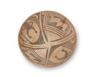 157
Pre-historic
A Casas Grandes polychrome pictorial pottery bowl
The four-color bowl featuring an interior with black alternating stepped and figurative registers on a white slip and an exterior with red and black geometric motifs
4.5" H x 10" Dia.
Estimate: $700 - $900