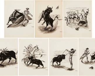 206
Ramiro Tapia
1931-2024, Spanish
Seven works: Bullfighting scenes
Each: Gouache and ink on wove paper
Each: Signed in ink lower right: R Tapia
Each sheet: 13" H x 10" W
Estimate: $200 - $400