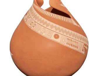 21
Mireya Quezada (b. 20th century)
A Mata Ortiz pottery jar, 2000; Chihuahua, Mexico
Incised signature and date to underside: Mireya Quezada / 31-5-2000
The jar with stylized rim and matter white swirling bands of fine-line geometric motifs on a matte terra cotta slip ground
12.75" H x 10.5" Dia.
Estimate: $200 - $400
