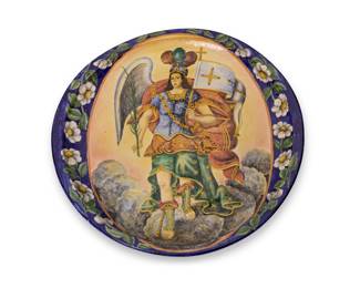 223
Early 20th century
A Mexican polychrome pottery charger depicting Santa Rosa
Marked recto: "Sta. Rosa" / Guanajuato, GTO. / Hecho en Mexico / CGM; marked verso: Mayolica / "Sta. Rosa" / Guanajuato, GTO. / Hecho en Mexico / Solo Decoration / K
The large glazed terra cotta plaque with central image of Santa Rosa within a floral border, set on an enameled wrought iron stand
Charger: 27.5" H x 28.25" W x 3.25" D; Stand: 19.125" H x 10.5" W x 13" D
Estimate: $200 - $400