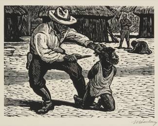 70
Leopoldo Méndez
1902-1969, Mexican
Torture of a young child
Woodcut on wove paper
From the edition of unknown size
Signed in pencil in the lower margin, at right: Méndez
Image: 9.625" H x 12.875" W
Estimate: $400 - $600