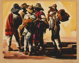 17
Raymon Price
1901-1957
"Peon Gossip"
Print enhanced with watercolor on paper laid to board
Edition: 16 out of an edition of unknown size
Signed and titled in pencil on the overmat: Raymon Price; numbered 16 in pencil on the artist's label attached to the verso of the frame's backing board
Sight: 11.75" H x 14.75" W; Board: 13.75" H x 16.75" W
Estimate: $200 - $400
