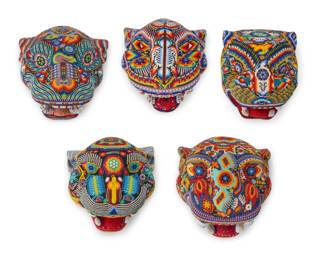 305
Late 20th/early 21st century, Huichol people; Mexico
A group of Huichol beaded jaguar masks
The carved wood masks adorned with polychrome beadwork depicting various flora, fauna, and banded geometric motifs, each set in a custom acrylic case
5 pieces
Largest mask: 10.5" H x 9.5" W x 8.5" D approx.; Each case: 14.125" H x 14" W x 12.5" D
Estimate: $500 - $700