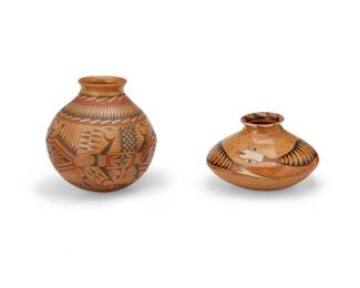 340
Two Mata Ortiz pottery vessels
Late 20th/early 21st century; Chihuahua, Mexico
Two works:
Jesus Tina (b. 20th century, Mata Ortiz)
A polychrome bulbous pottery jar
Incised signature to underside: Jesus Tina
The three-color jar with red and black banded feather and geometric motifs on a light brown slip
10.625" H x 9.625" Dia.
Beto Soto (b. 20th century, Mata Ortiz)
A polychrome wide pottery jar
Incised signature to underside: Beto Soto
The four-color jar with black, white, and red rattlesnake figure to shoulder and banded geometric motifs to flared rim, on a light brown slip
6.875" H x 9.75" Dia.
2 pieces
Estimate: $500 - $700