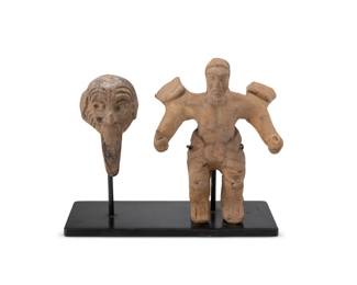 149
600-800 CE; Guatemala/Venezuela
A Pre-Columbian pottery masked figure
Possibly Veracruz or Mayan, the Mesoamerican ceramic warrior figure with separate zoomorphic mask with incised features, set on a custom enameled metal stand
3 pieces
Figure: 5.875" H x 4.625" W x 3.625" D; Mask: 3.5" H x 2" W x 2.375" D
Estimate: $500 - $700