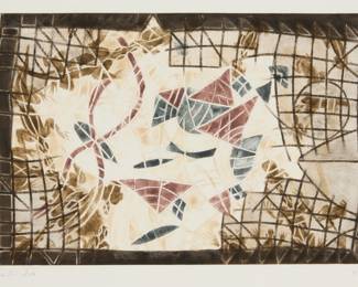 31
Francisco Toledo
1940-2019, Mexican
"El Circuito," 1976
Etching in colors on BFK Rives paper
Edition: 48/50
Signed and numbered in pencil in the lower margin, directly below the platemark: Toledo
Plate: 8" H x 12.375" W; Sheet: 30" H x 22" W
Estimate: $800 - $1,200