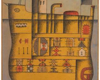 50
Manuel Pailós
1918-2005, Uruguayan
Ship
Gouache, ink, and mixed media on Masonite
Signed upper right: .Pailós
22.25" H x 18.5" W
Estimate: $2,500 - $3,500