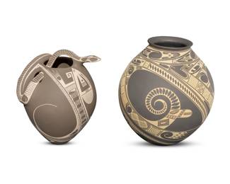 249
Two Mata Ortiz blackware pottery jars
Late 20th/early 21st century; Chihuahua, Mexico
Two works:
Olivia Dominguez Renteria (b. 1971)
A snake effigy vessel
Incised to base: Olivia Dominguez Renteria
The vessel with snake-form handle and in relief to body, featuring white swirling stepped and fine-line motifs on a matte black slip ground
10.75" H x 9" W x 8.5" D
Jorge Quintana (b. 20th century)
A blackware pottery jar
Incised to underside: Jorge Quintana
The jar with white swirling geometric and zoomorphic motifs on a matte black slip ground
12" H x 9.75" Dia.
2 pieces
Estimate: $500 - $700